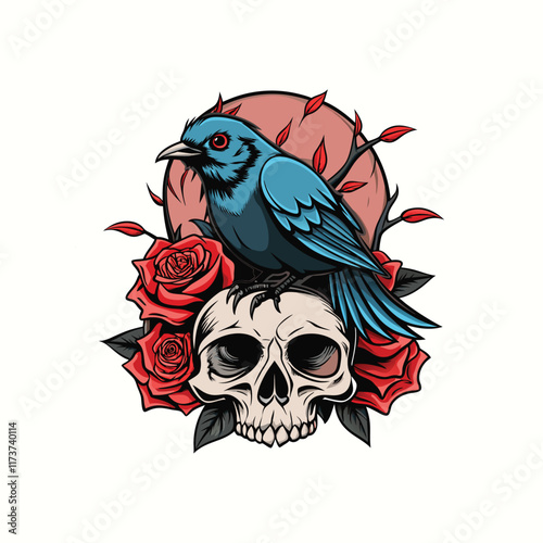 Crow Raven perched on a skull surrounded by roses, a captivating Colorful tattoo design Vector Illustration

