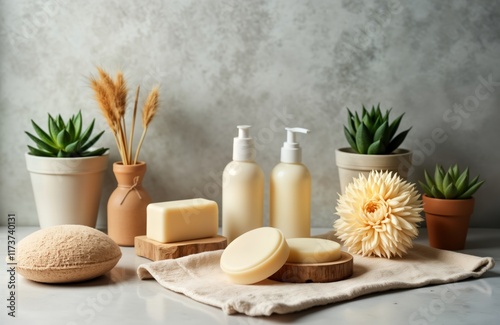 Eco-friendly skincare products arranged on marble countertop. Natural soaps, lotions in simple containers. Beige, cream colors. Decorative succulent plants, dried wheat stalks. Zero-waste concept for photo