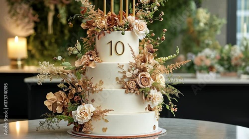 Elegant cake adorned with flowers and decorations for a tenth anniversary celebration