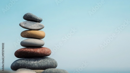 Stacked smooth colorful stones against a clear blue sky.