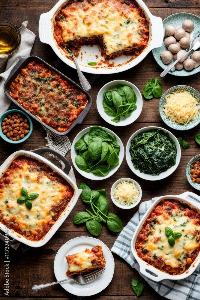 Delicious spinach and cheese lasagna, garnished with basil leaves, arranged beautifully. Complemented by fresh greens and colorful toppings, creating an appetizing and vibrant food scene. Delicious spinach and cheese lasagna, garnished with basil leaves, arranged beautifully. Complemented by fresh greens and colorful toppings, creating an appetizing and vibrant food scene.