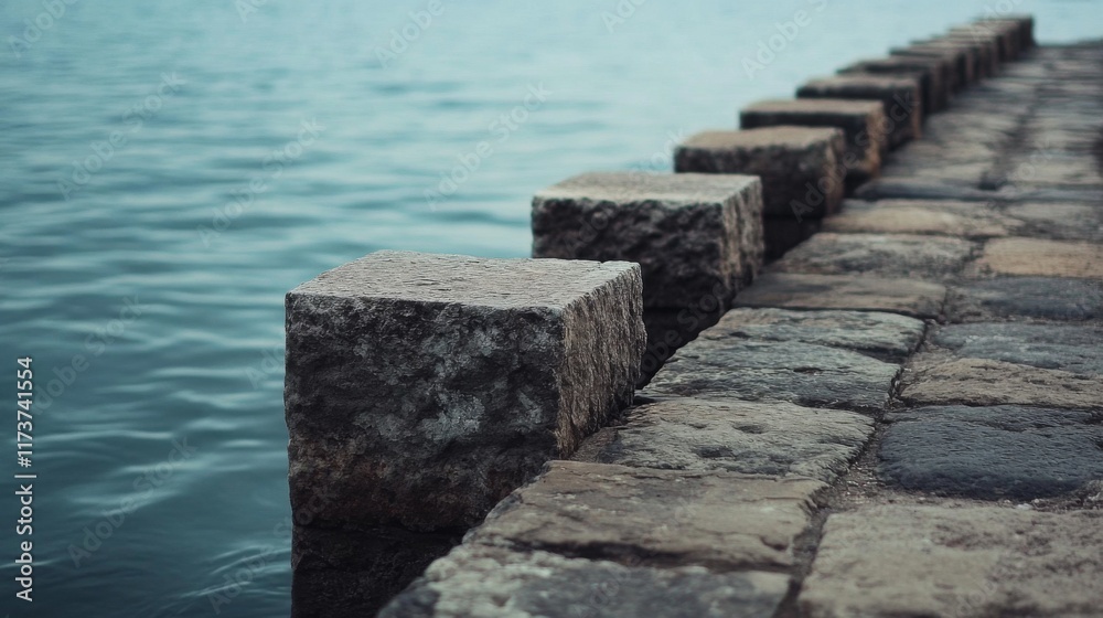 Stone blocks lining a water's edge, creating a path. Stone blocks lining a water's edge, creating a path.