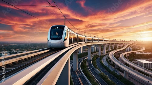 Modern High-Speed Train on Elevated Tracks at Sunset with a Vibrant Sky and Urban Cityscape in the Background

 photo