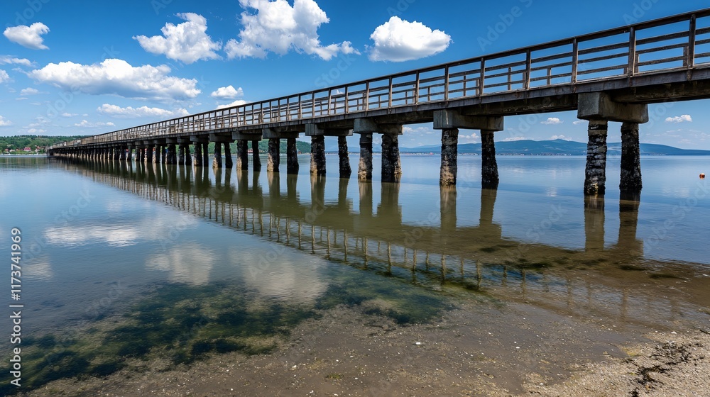 Obraz premium Serene Wooden Bridge Reflecting on Calm Lake under Blue Sky
