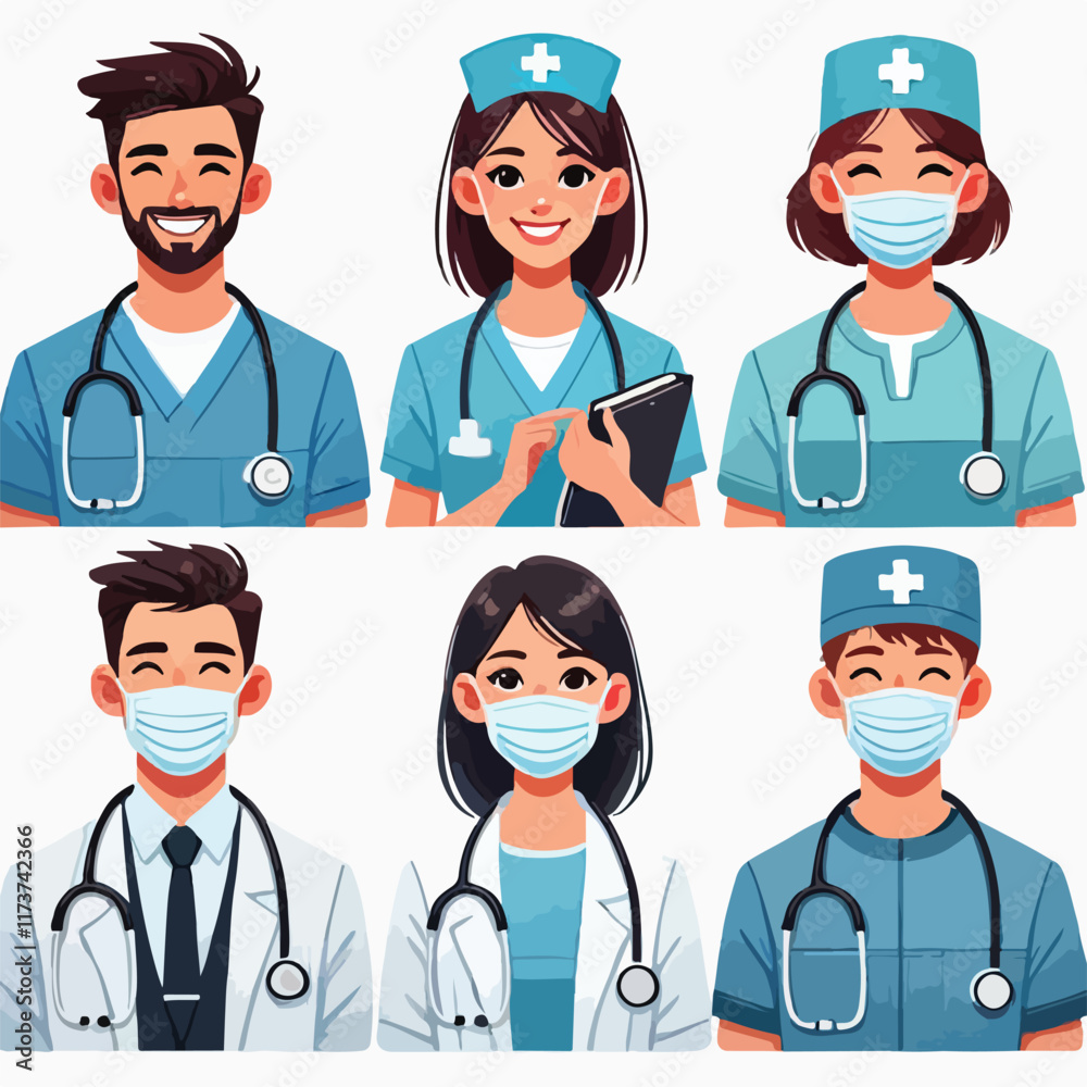 Set of smiling doctors, nurses and paramedics. Portraits of male and female medic workers in uniform with stethoscopes, masks and gloves. Flat cartoon vector illustration isolated on white background Set of smiling doctors, nurses and paramedics. Portraits of male and female medic workers in uniform with stethoscopes, masks and gloves. Flat cartoon vector illustration isolated on white background