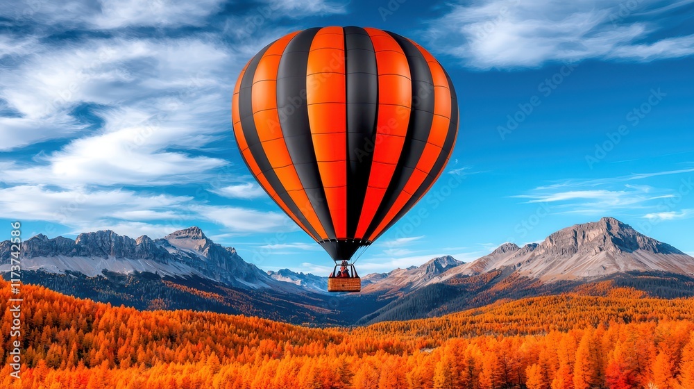 Obraz premium A vibrant hot air balloon in orange and black floats over a picturesque autumn landscape with mountains and a clear blue sky.