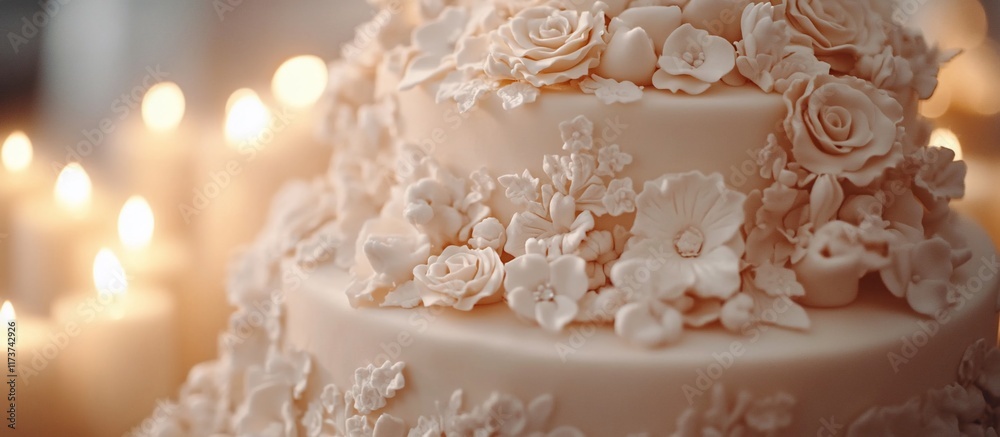 Elegant Three-Tiered Wedding Cake Adorned with Delicate Sugar Flowers