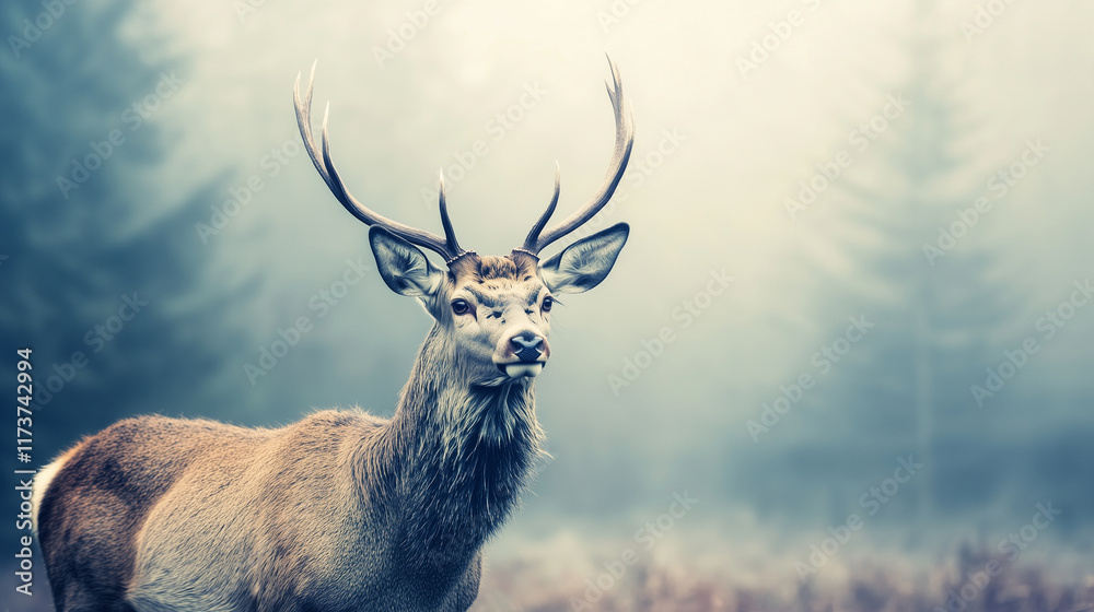 Naklejka premium A deer standing in a misty forest clearing, animal in nature, modern style