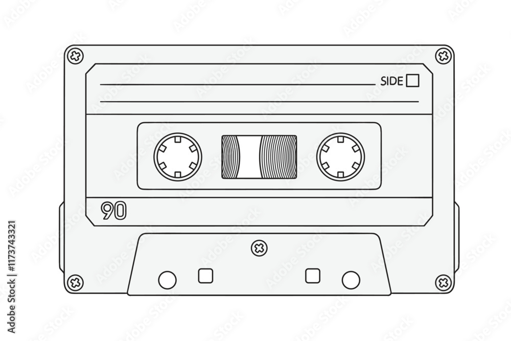 Tape recorder cassette with magnetic tape for listening to music. Vector drawing isolated on white background.