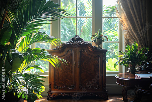 Antique cabinet by sunny window with lush indoor plants in elegant room photo