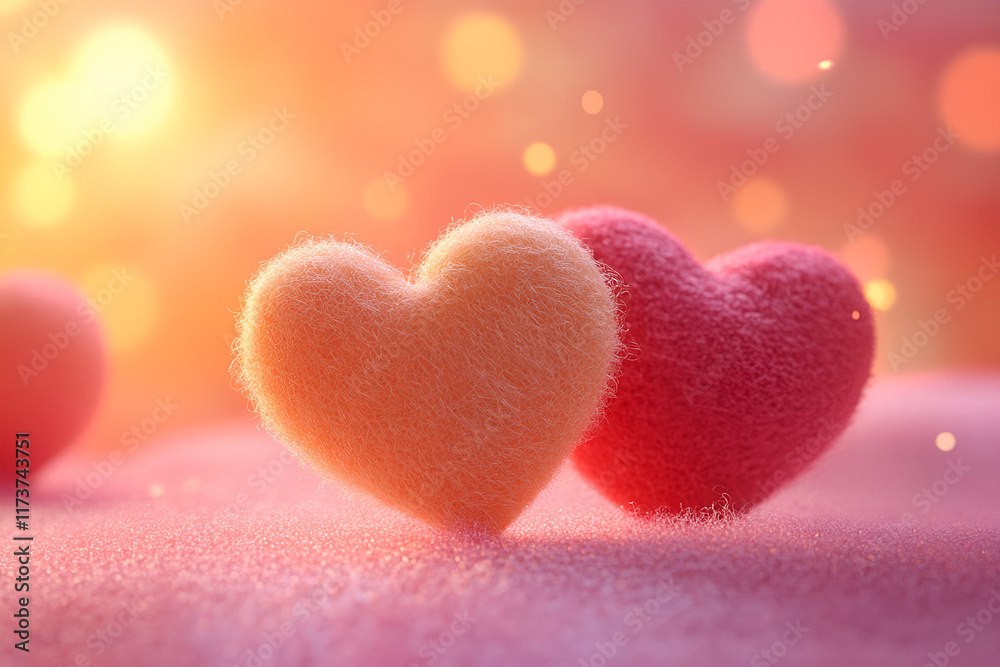 Obraz premium Festive horizontal banner with cute felt, wool hearts macro shot. Valentine's Day