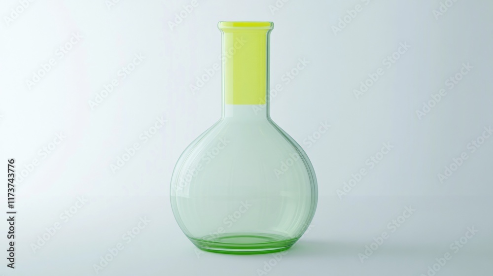 Empty Green Glass Flask with Yellow Label Scientific Lab Equipment Empty Green Glass Flask with Yellow Label Scientific Lab Equipment
