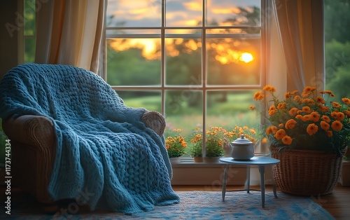 Cozy armchair by window with sunset view. photo