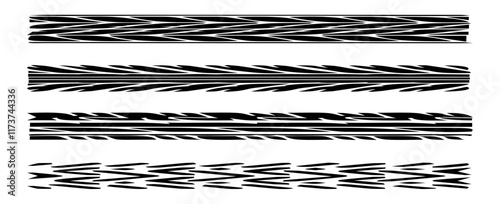 Grunge tire tracks set. Tire tread or wheel braking tracks. Car and motorcycle tread patterns. Dirty grunge textures of wheels. Vector