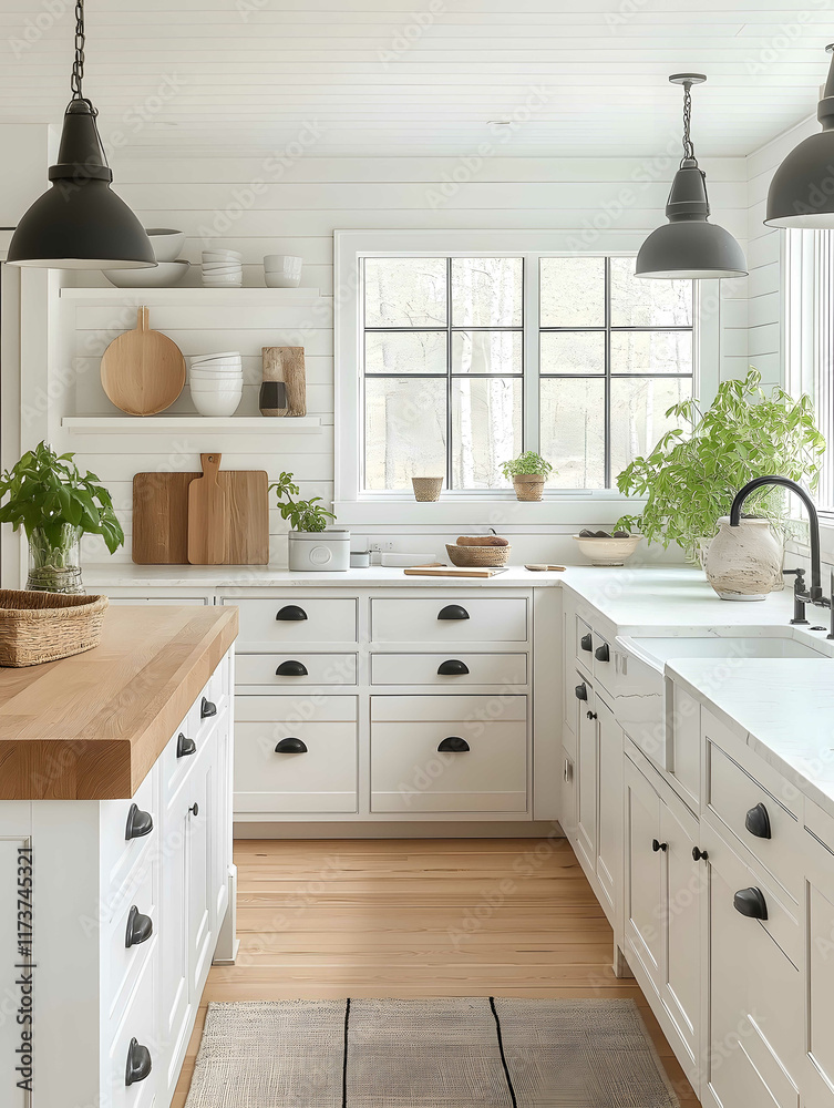 Fototapeta premium Modern minimalist kitchen Bright Scandinavian Haven An openconcept kitchen with sleek white cabinets light oak countertops and a Scandinavian vibe Pendant lights and po