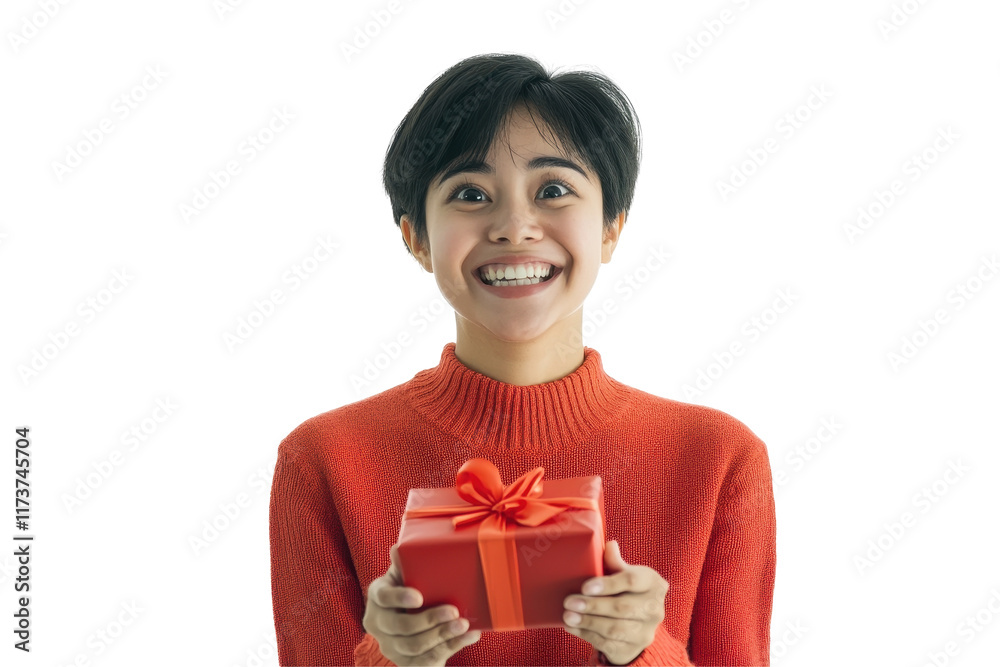 Excited woman holding a wrapped gift with an orange ribbon wearing a knit hat and sweater on a white background Excited woman holding a wrapped gift with an orange ribbon wearing a knit hat and sweater on a white background