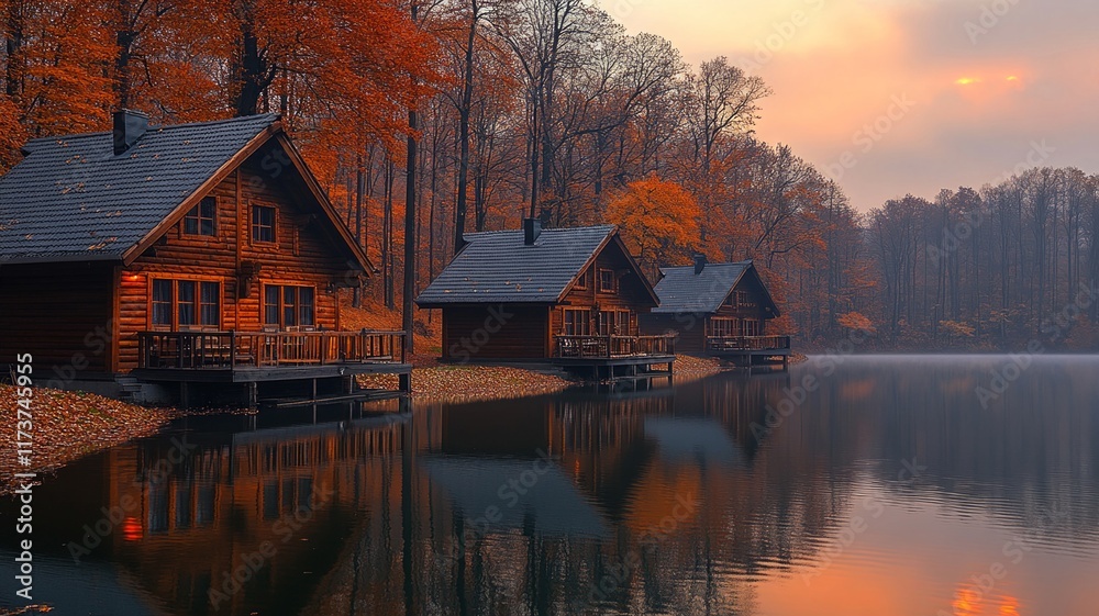 Fototapeta premium Serene Autumn Evening at Lakeside Log Cabins