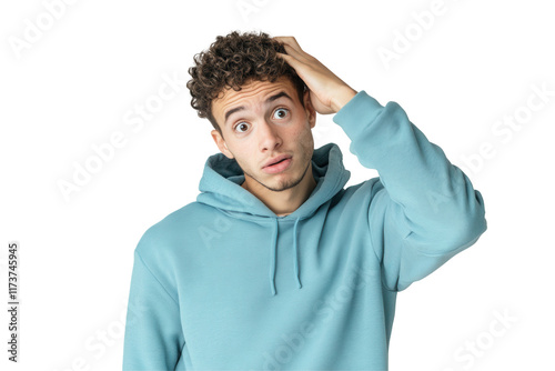 A young man expresses frustration with his hair in a casual setting against a white background, capturing a relatable moment of confusion and concern