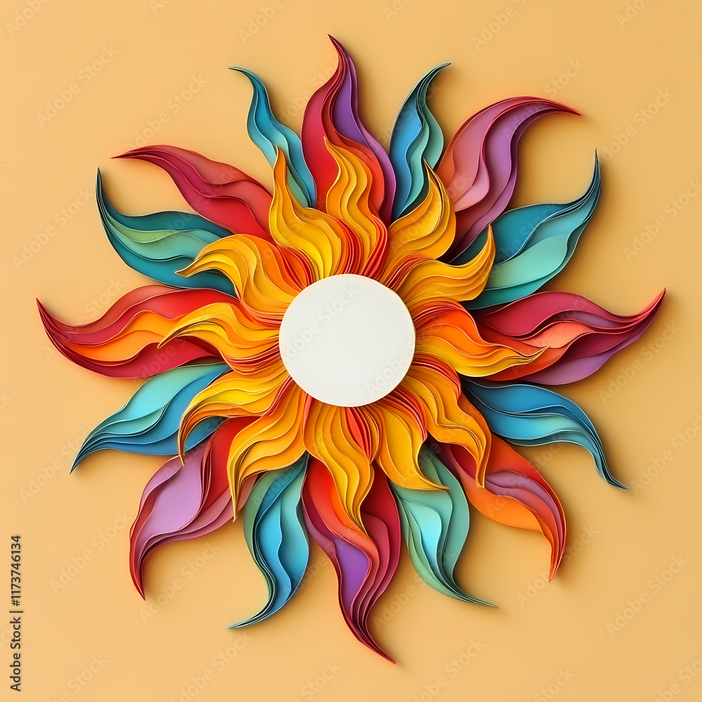 Colorful paper sun art displayed on a bright yellow background enhancing interior decor vibes. Generative AI Colorful paper sun art displayed on a bright yellow background enhancing interior decor vibes. Generative AI