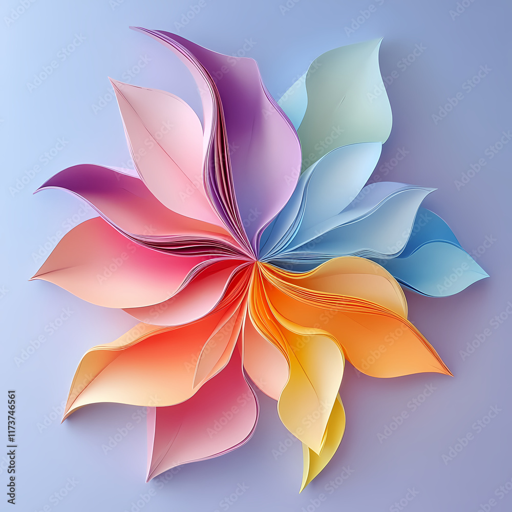 Fototapeta premium Colorful paper art display showcasing a flower-like design against a soft blue background. Generative AI