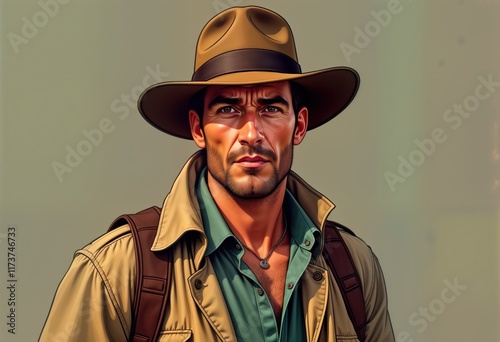 Adventurous man wears safari jacket, fedora. Looks focused, ready for exploration. Classic pulp hero. Character dressed for expedition. Likely on treasure hunt. Image evokes adventure, exploration. photo