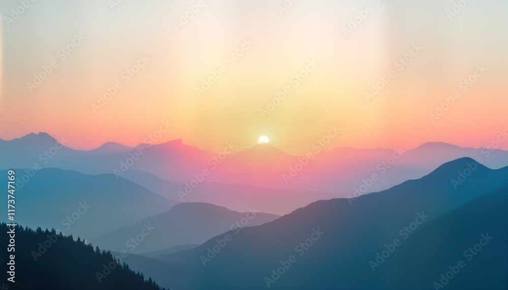 Fototapeta premium Sunrise paints colorful hues over layered mountain range. Scenic morning light creates peaceful atmosphere. Inspiring view of nature. Early morning tranquility in mountain landscape. Motivational