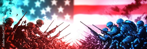 anime soldiers on battlefield, red army versus blue army, american flag background photo