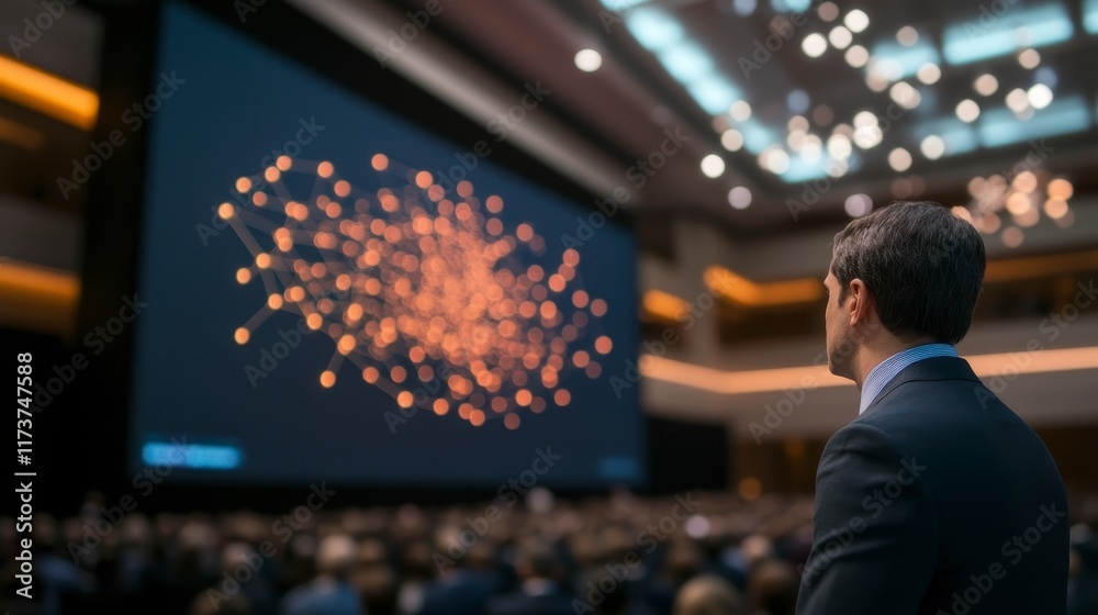 Fototapeta premium Engaging Business Presentation with Interactive Display: Demonstrating Technology on Stage with Audience Trust and Interest