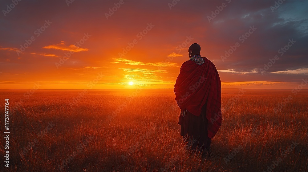 A silhouetted figure in a red cloak stands in a golden field at sunset, evoking tranquility. A silhouetted figure in a red cloak stands in a golden field at sunset, evoking tranquility.
