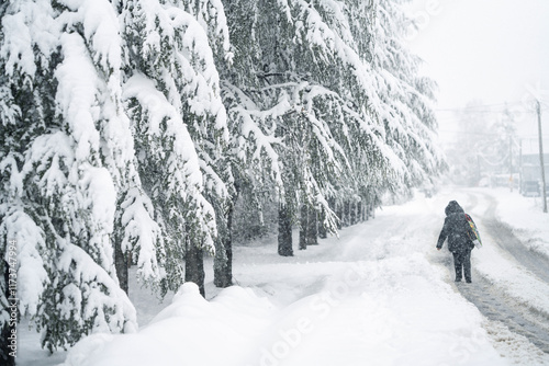 Woman goes on a snowy winter street