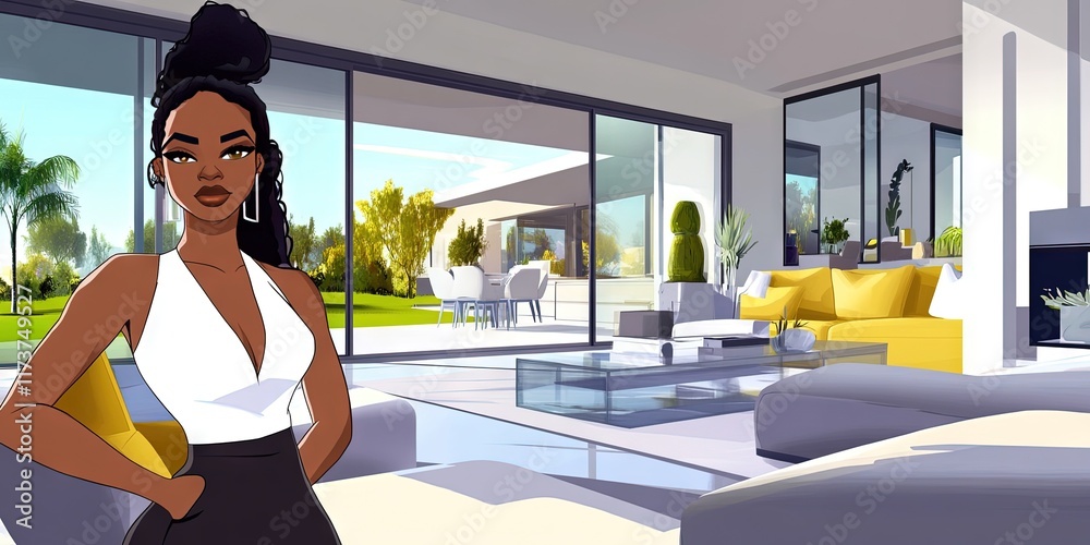 Obraz premium 2D animation woman posing for photo in her modern mansion 