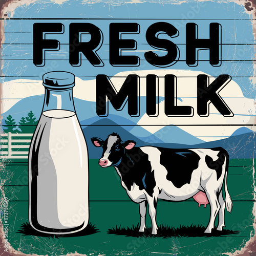 Vintage Fresh Milk Sign with Cow Illustration