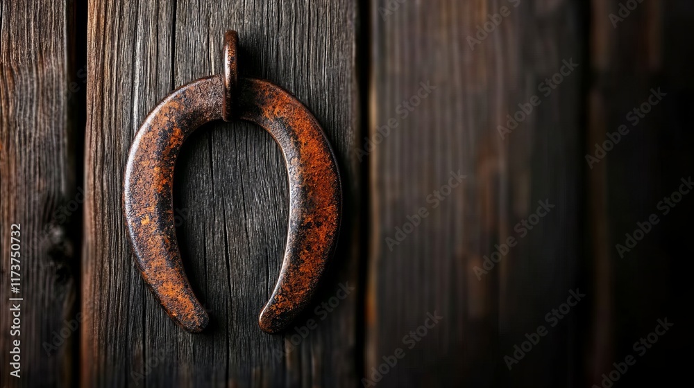 Rustic charm: A weathered horseshoe hangs on a dark wooden background, creating a vintage feel. Rustic charm: A weathered horseshoe hangs on a dark wooden background, creating a vintage feel.