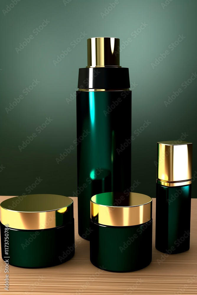 A luxurious set of cosmetic tubes and jars in sleek matte black with gold accents, minimalistic branding, and embossed textures, displayed elegantly on a reflective marble surface, soft lighting creat A luxurious set of cosmetic tubes and jars in sleek matte black with gold accents, minimalistic branding, and embossed textures, displayed elegantly on a reflective marble surface, soft lighting creat