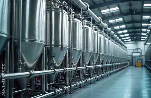 Industrial dairy production plant. Rows of large stainless steel tanks for milk storage, processing. Pipes, conduits visible for material transportation throughout plant. Automated systems for photo
