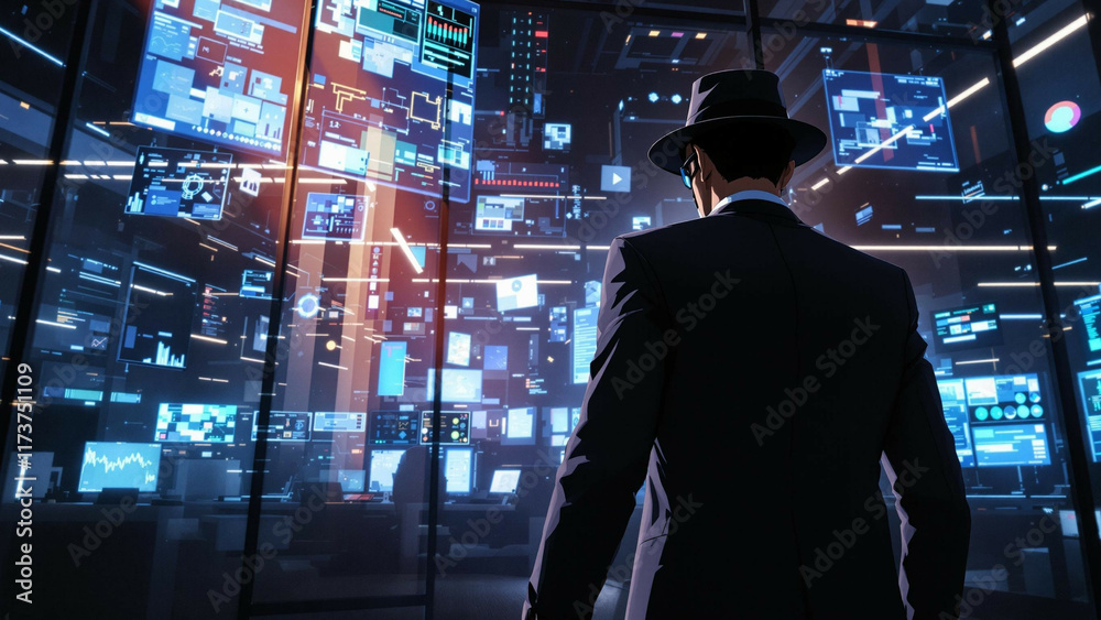 Man in a Suit and Fedora Stands Before a Wall of Glowing Screens Displaying Various Data Streams Man in a Suit and Fedora Stands Before a Wall of Glowing Screens Displaying Various Data Streams