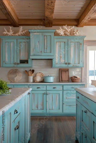 Coastalthemed kitchen Turquoise cabinets with distressed wood and seashell decorations photo