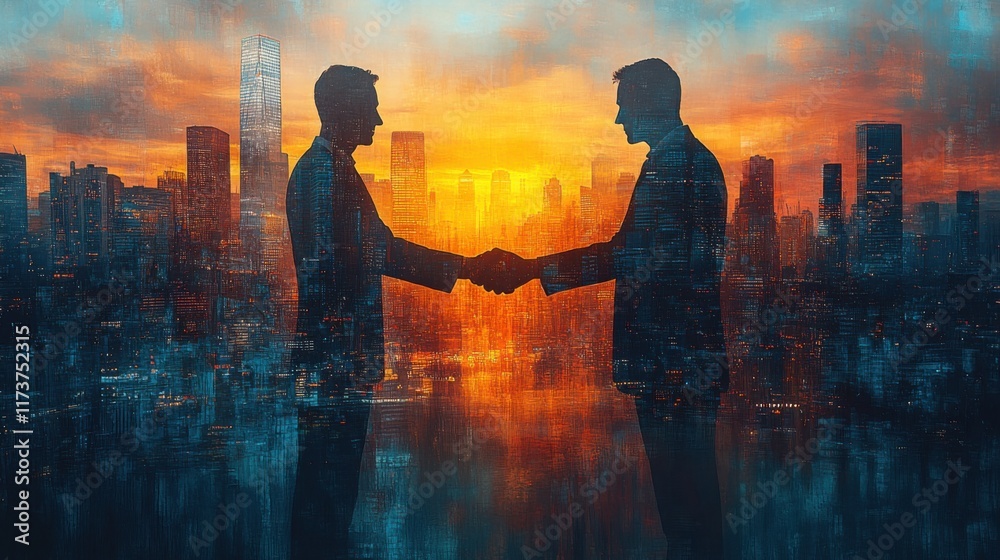 Fototapeta premium Businessmen shaking hands sunset city backdrop.