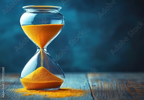 An hourglass with yellow sand flowing, set against a blue background.