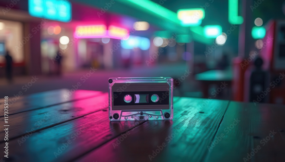 Retro cassette tape with neon lighting in a futuristic urban night setting, featuring vibrant colors and bokeh effects Retro cassette tape with neon lighting in a futuristic urban night setting, featuring vibrant colors and bokeh effects