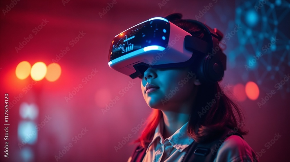 School student with VR headset using AI artificial intelligence technology. machine learning. Interactive technology in classroom. Smart tech. AI blue hologram in education School student with VR headset using AI artificial intelligence technology. machine learning. Interactive technology in classroom. Smart tech. AI blue hologram in education