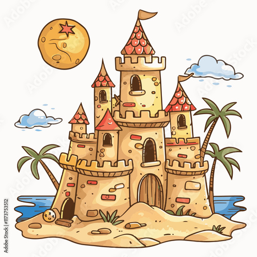 Vector illustration sand castle on the seashore, illustration for a children's book, postcard