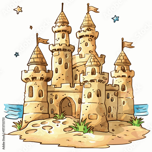 Vector illustration sand castle on the seashore, illustration for a children's book, postcard