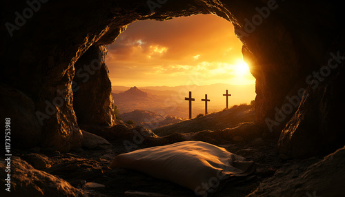 Resurrection of Jesus Christ, empty tom, shroud and defocused crosses on background with flare lights effects