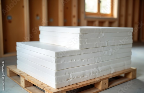 Stacked white polystyrene sheets on wooden pallet. Building materials for thermal insulation. Construction site warehouse. Sheets ready for installation. Insulation material for energy efficiency.