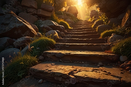 Ancient stone steps golden sunset