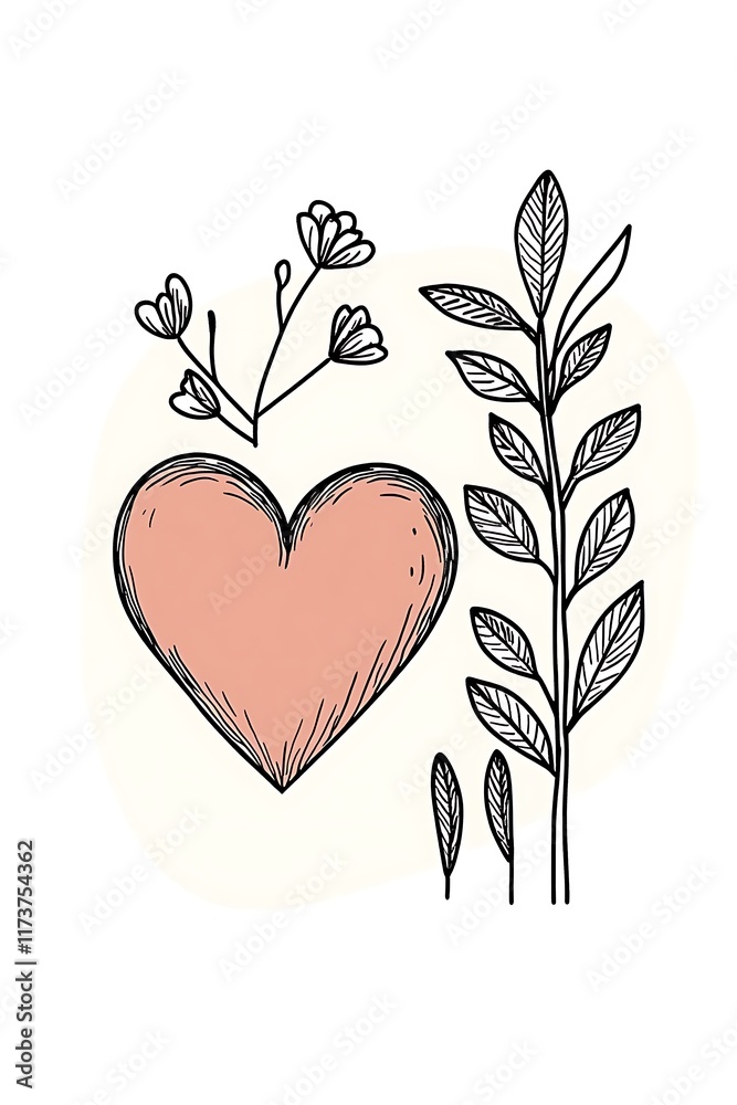 Heart with line drawn leaves on background. Heart with line drawn leaves on background.