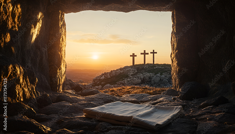 Obraz premium Resurrection of Jesus Christ, empty tom, shroud and defocused crosses on background with flare lights effects