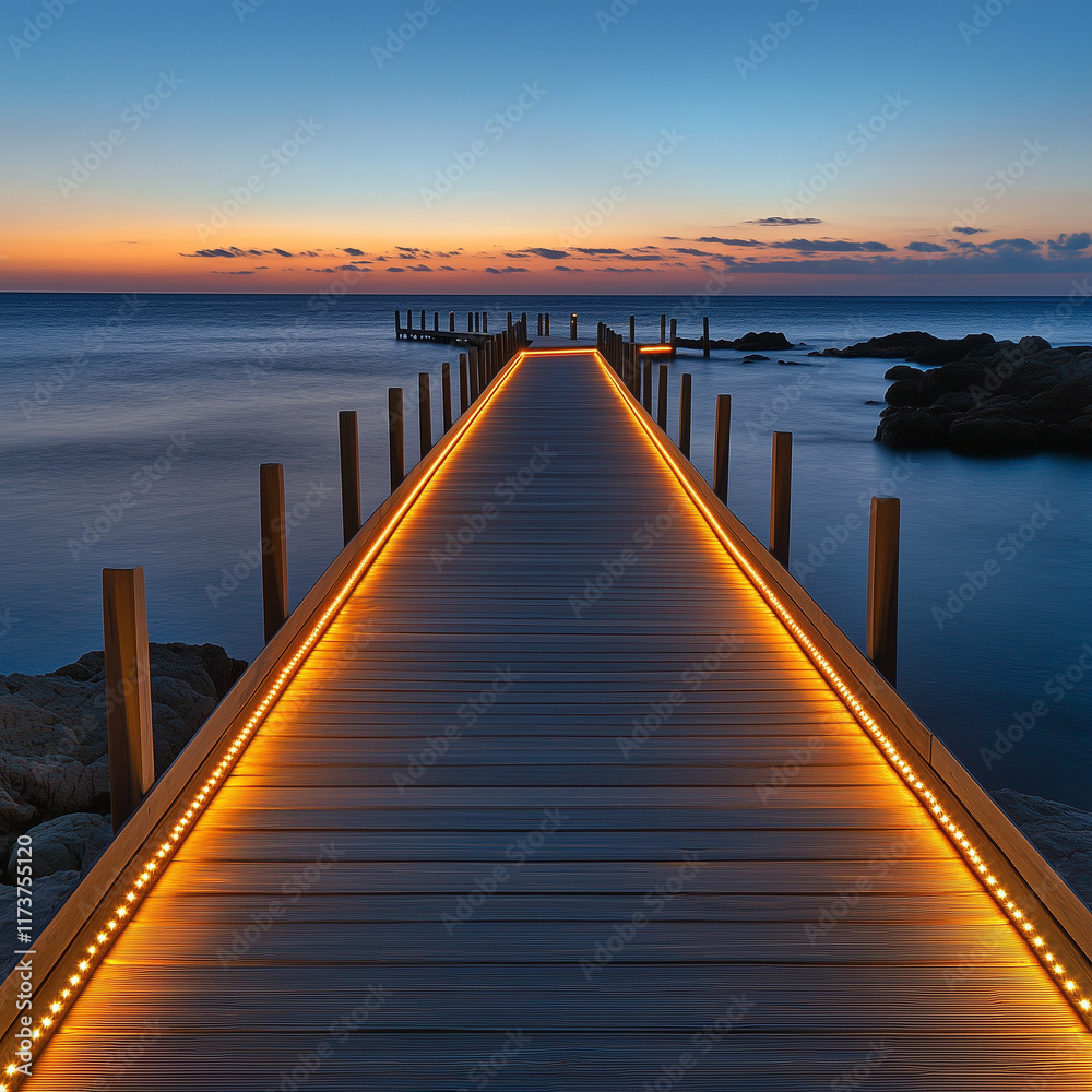 Enchanting Wooden Pier with LED Lights Leading to a Tranquil Ocean View at Sunset, Evoking a Peaceful and Serene Ambiance pier in the sunset Enchanting Wooden Pier with LED Lights Leading to a Tranquil Ocean View at Sunset, Evoking a Peaceful and Serene Ambiance pier in the sunset