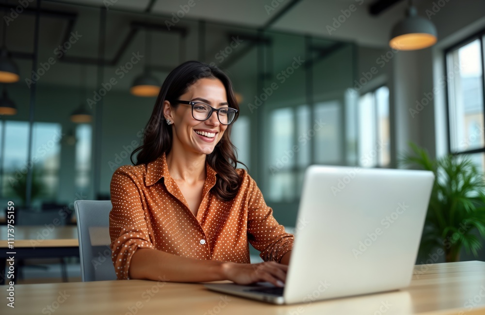 Happy Hispanic businesswoman working in modern office using laptop for virtual meeting. Smiling, giving presentation to colleagues online. Businesswoman looks happy, engaged in online conference. Happy Hispanic businesswoman working in modern office using laptop for virtual meeting. Smiling, giving presentation to colleagues online. Businesswoman looks happy, engaged in online conference.
